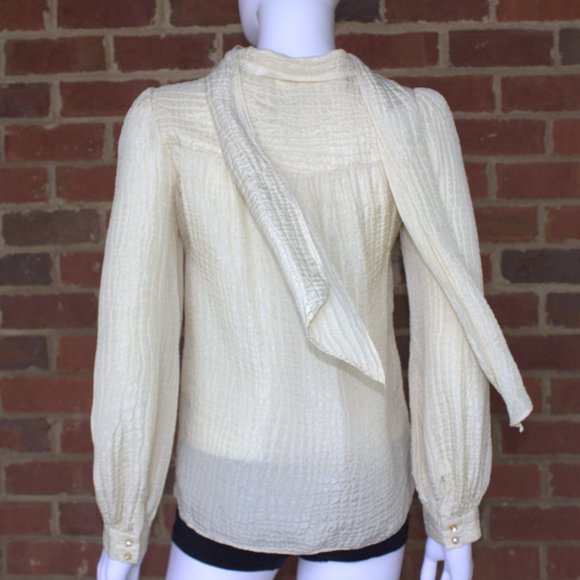 Milly of New York | Ivory 100% Silk Blouse | Long Sleeve, Ruffles & Tie Neck | 2 - Picture 6 of 12